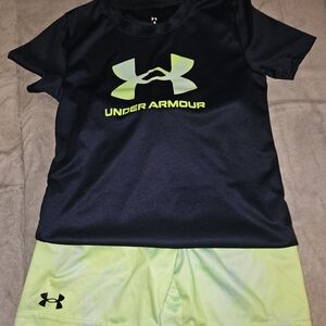 Under Armour Black Tee with Neon Green Logo and Matching Lime Shorts